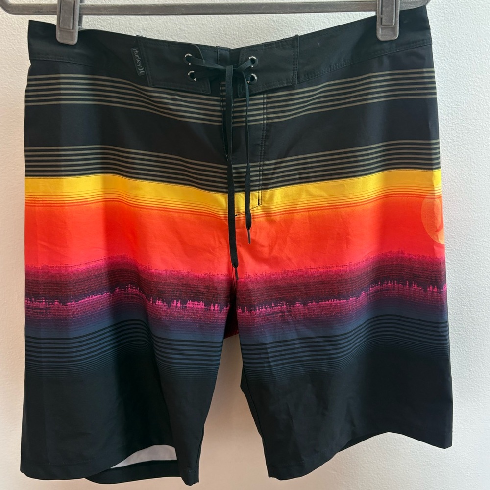 Hurley Phantom Black Striped Swim Trunks Board Shorts 32